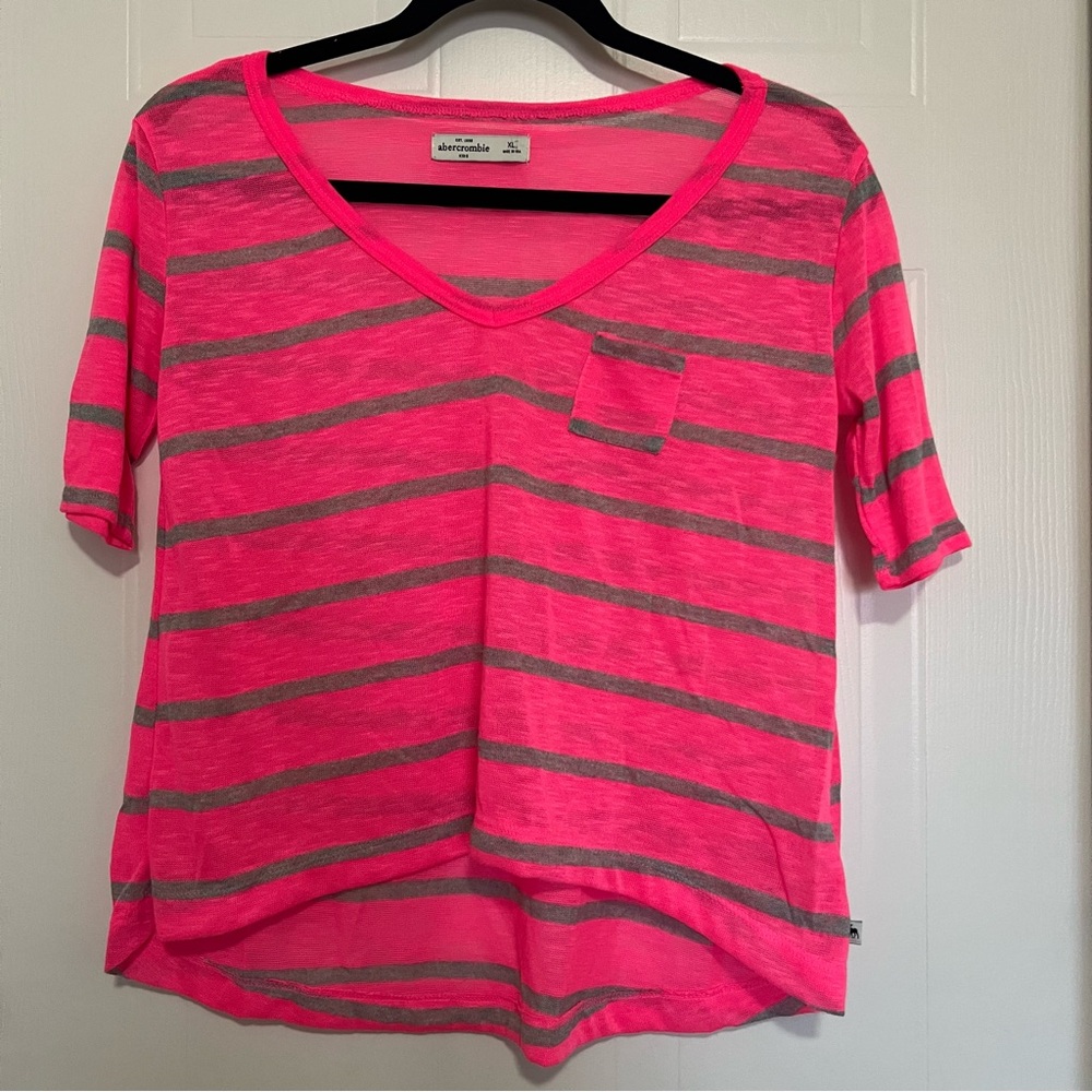 Abercrombie Kids Pink and Gray Long Sleeve Tee V-Neck